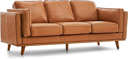Italian Leather Sofa 3 Seater | Cognac Tan | Solid Wood | Mid Century