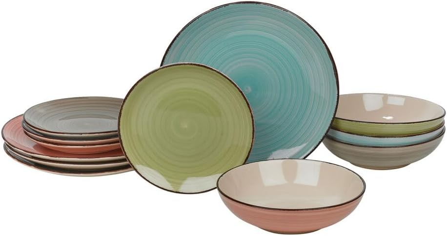 12 Piece Stoneware Dinnerware Set Plates Bowls Assorted Colours Dishwasher Safe