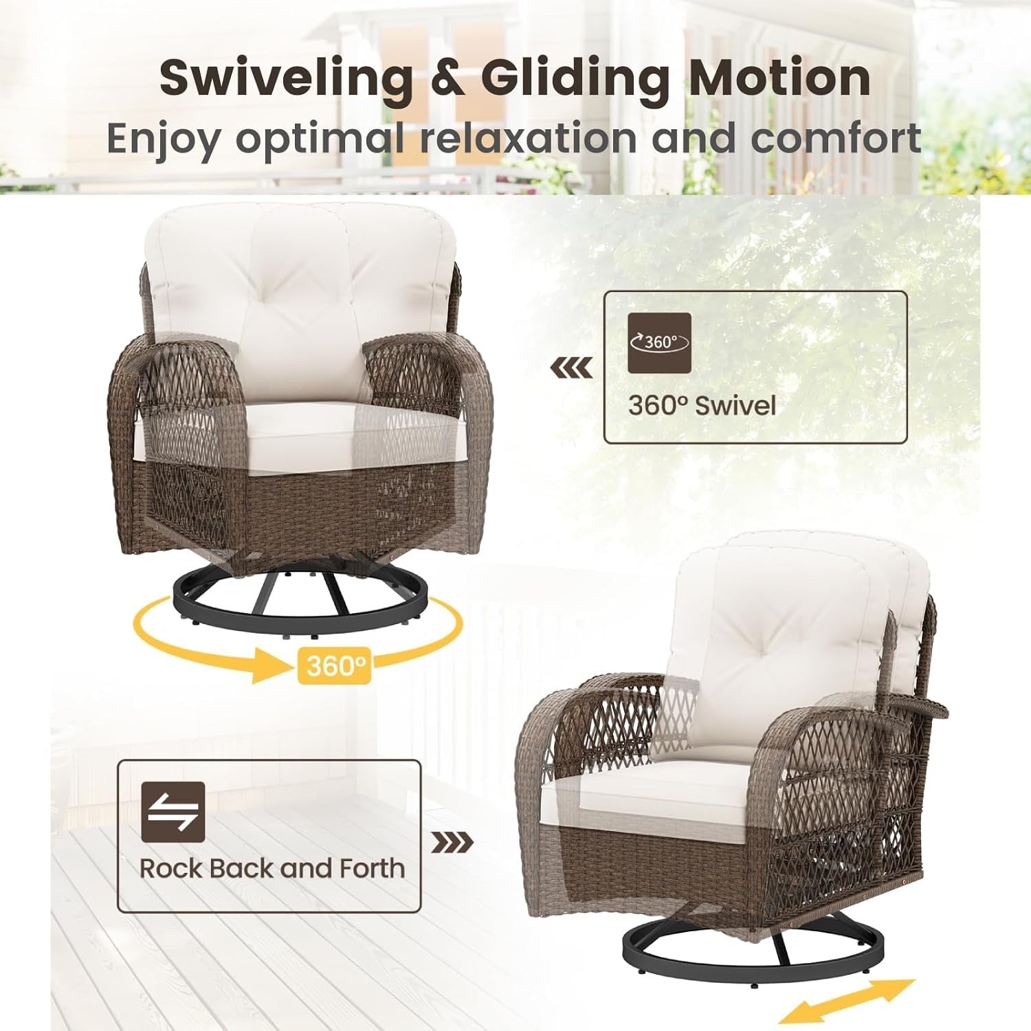 360° Swivel Rattan Bistro Chairs Set Plush Cushions Side Table Garden