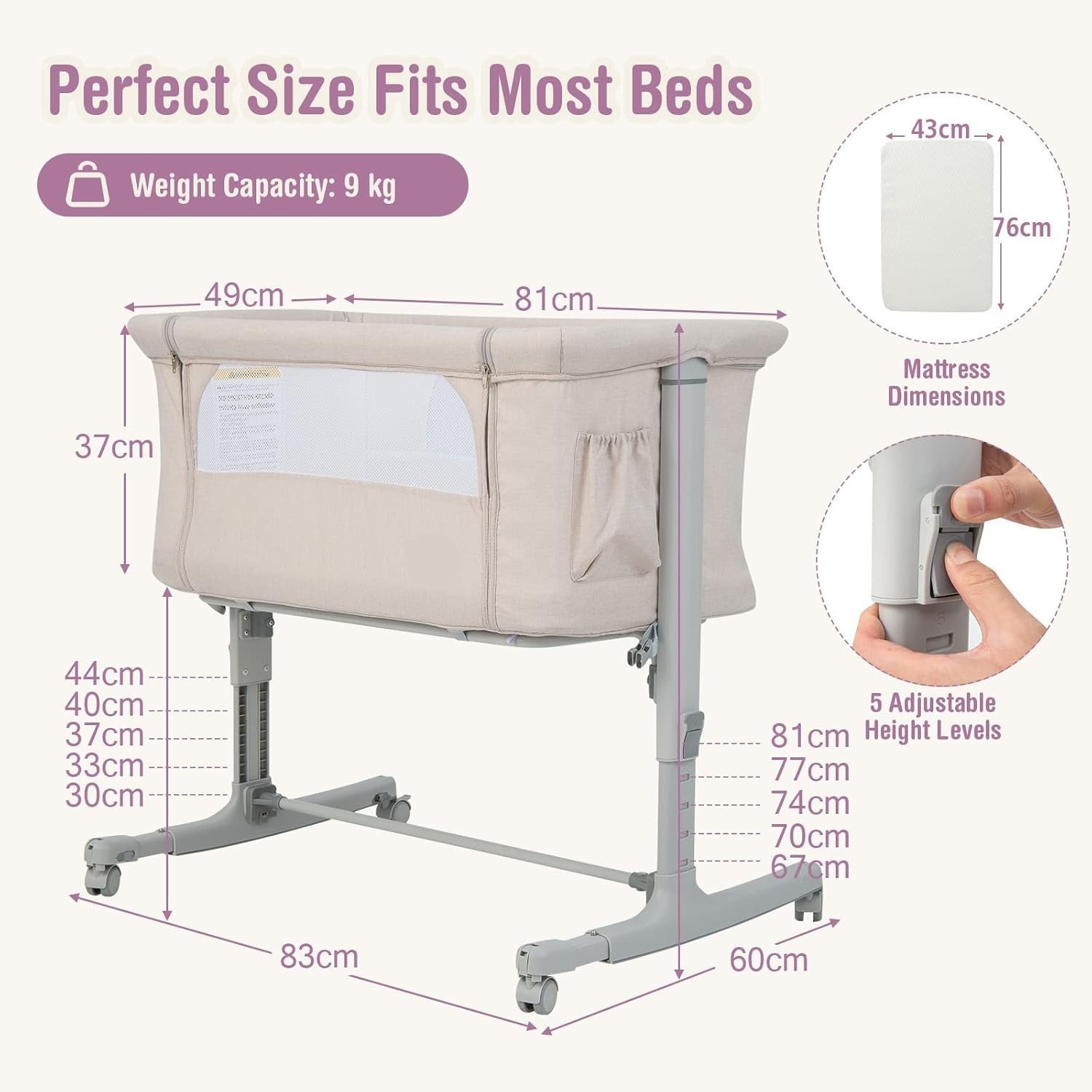 3-in-1 Baby Bedside Crib with Adjustable Heights, Mattress & Carry Bag Beige