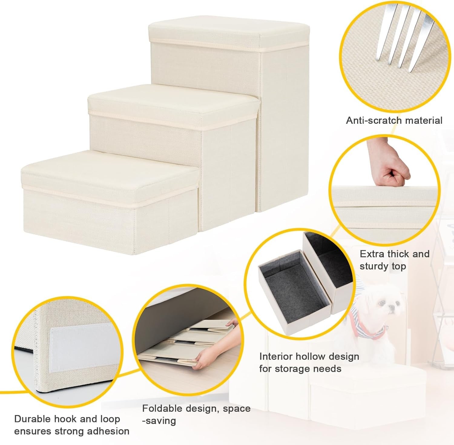 Dog Stairs with Storage 3 Step Pet Steps for Bed Sofa Beige