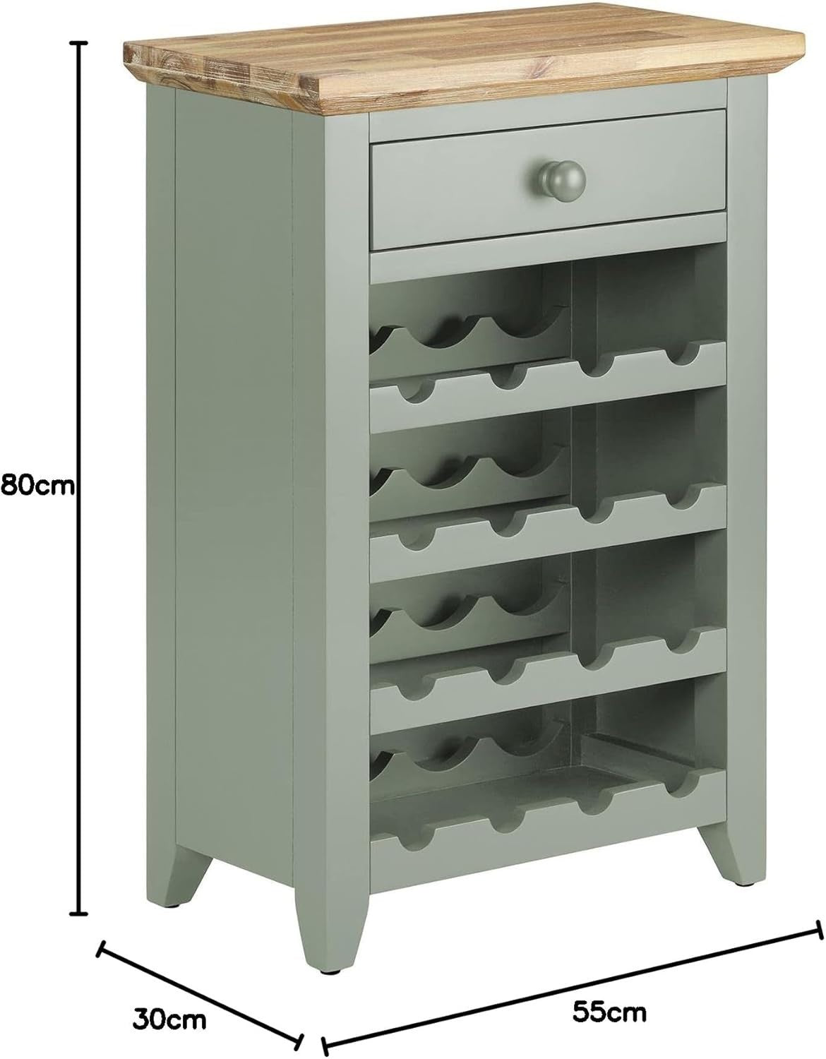 Sage Green Wine Rack Side Cabinet with Drawer | Holds 16 Bottles | Solid Wood