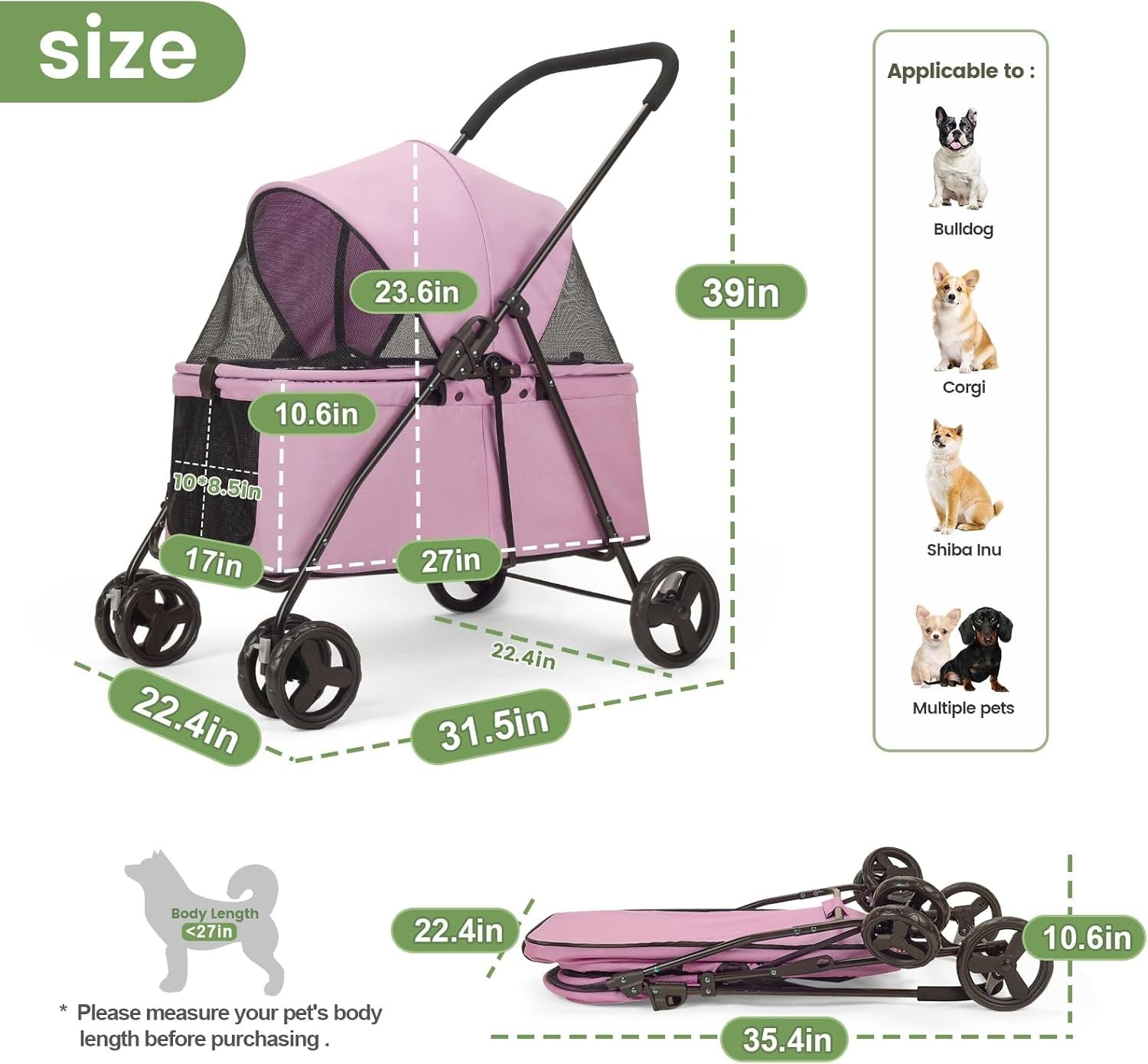 Pink Dog Stroller Heavy Duty 4 Wheel Foldable Jogger Pram Small Medium Dogs