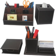 4-Piece Brown PU Leather Desk Organizer Set with Tissue Box & Pen Holder