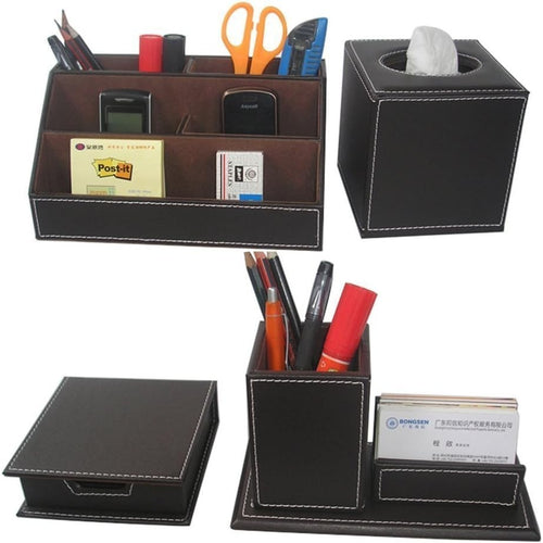 4-Piece Brown PU Leather Desk Organizer Set with Tissue Box & Pen Holder