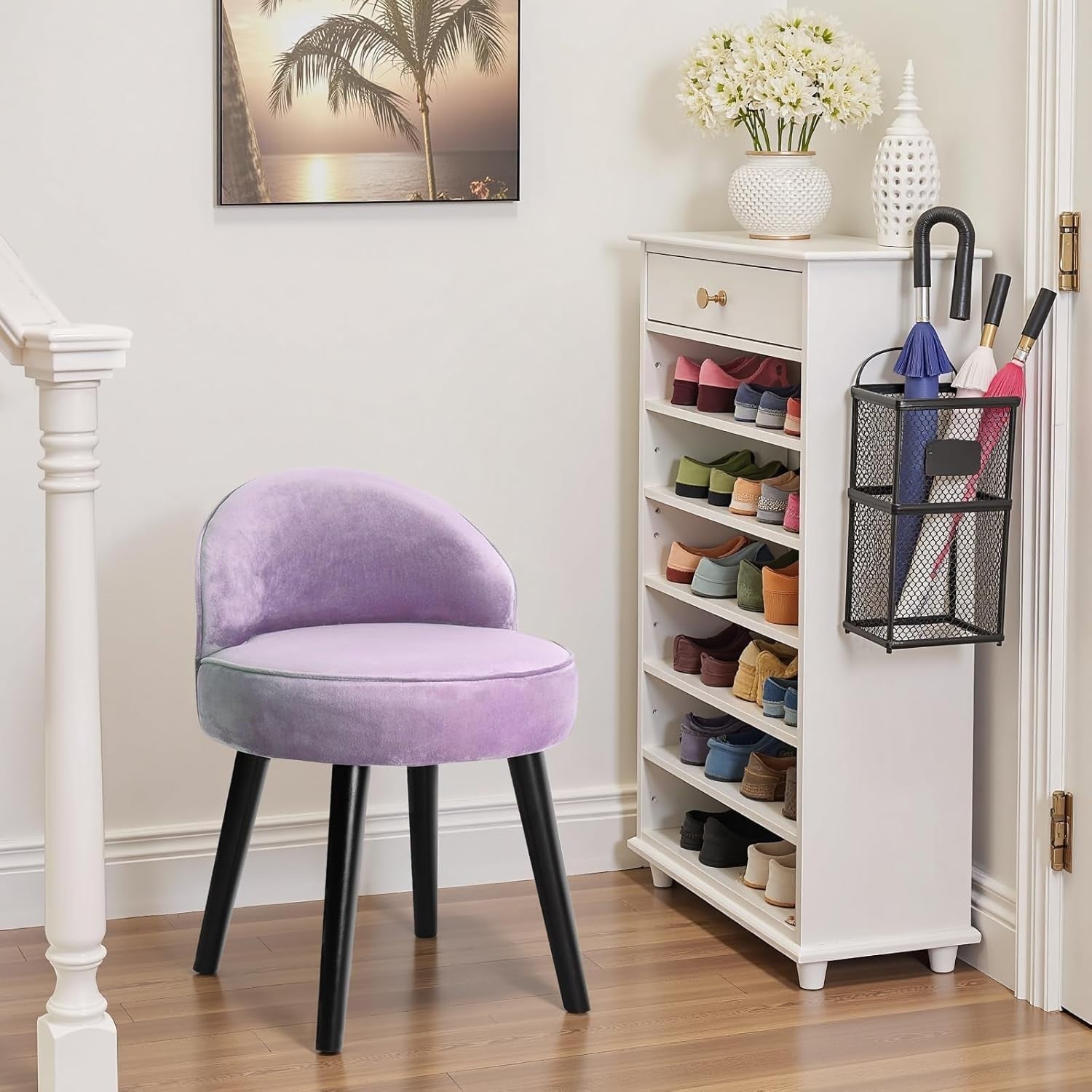 Purple Velvet Low-Back Vanity Stool with Wood Legs – Makeup Chair 49×49×68cm
