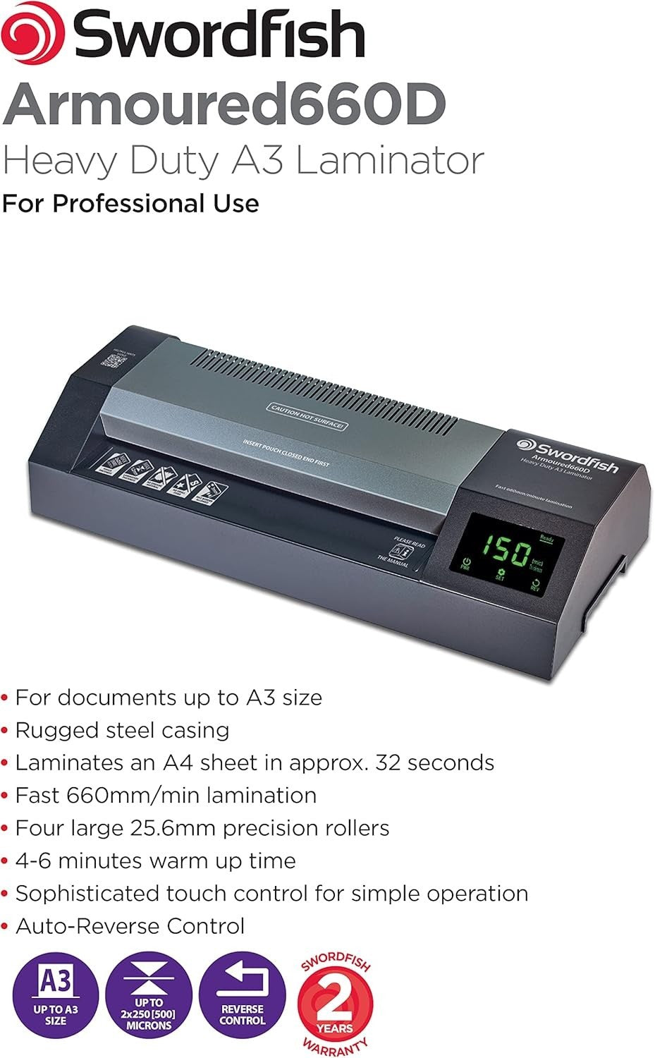 Heavy Duty A3 Laminator Steel Body 660mm/min Auto Reverse Hot Cold