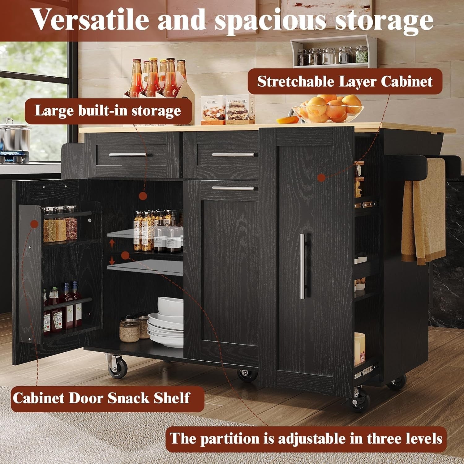 Rolling Kitchen Island Cart with Foldable Countertop, 3 Cabinets & 2 Drawers