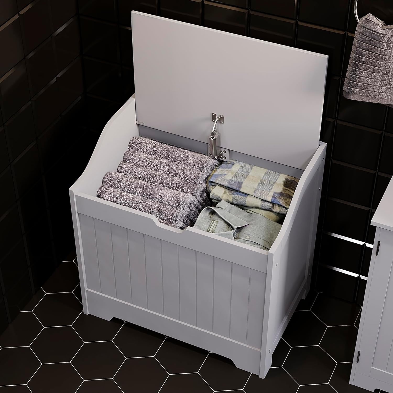Bathroom Laundry Cabinet Storage Chest with Wooden Basket Grey MDF