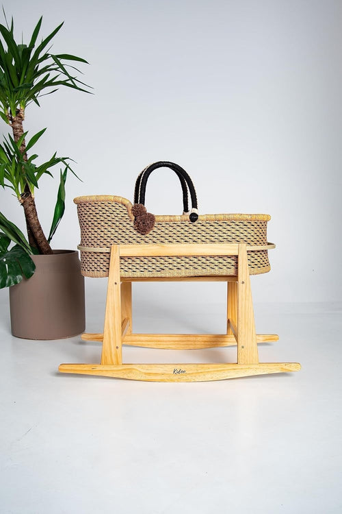 Handwoven Moses Basket with Rocking Stand & Mattress Natural Baby Cradle Wood