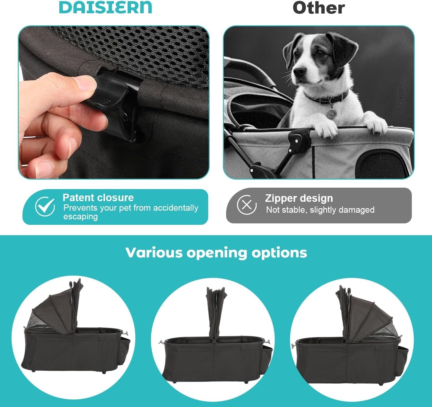 Black 3 in 1 Dog Stroller Medium Pets Foldable Pushchair 4 Wheel Buggy