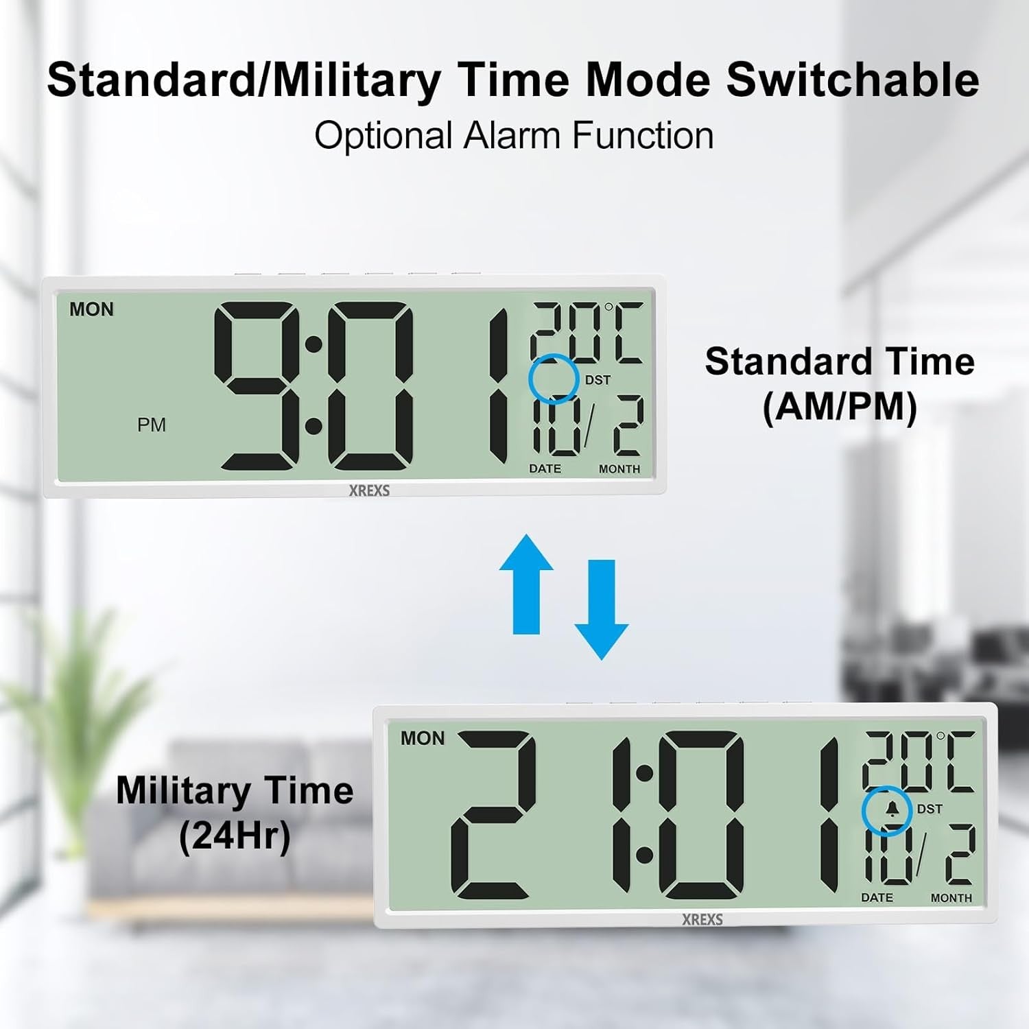 Large Digital Wall Clock 14.5" Jumbo Display Auto DST Temp Date Alarm Modern