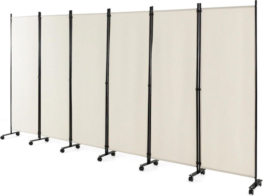 6 Panel White Folding Room Divider Privacy Screen with Wheels for Home Office