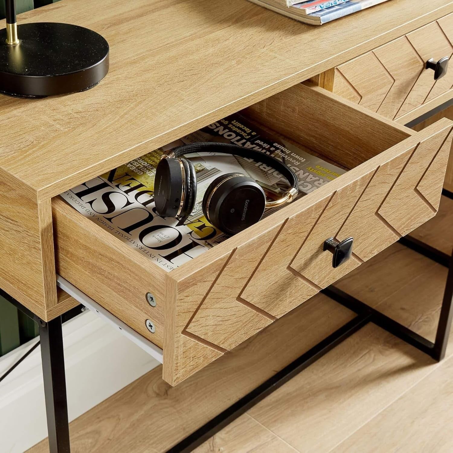 Modern Console Table with Drawers Oak Effect Hallway Storage Desk