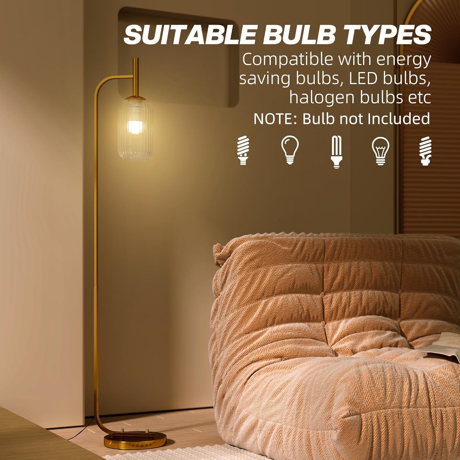 Gold Floor Lamp Glass Shade Standing Light Foot Switch Living Room Bedroom