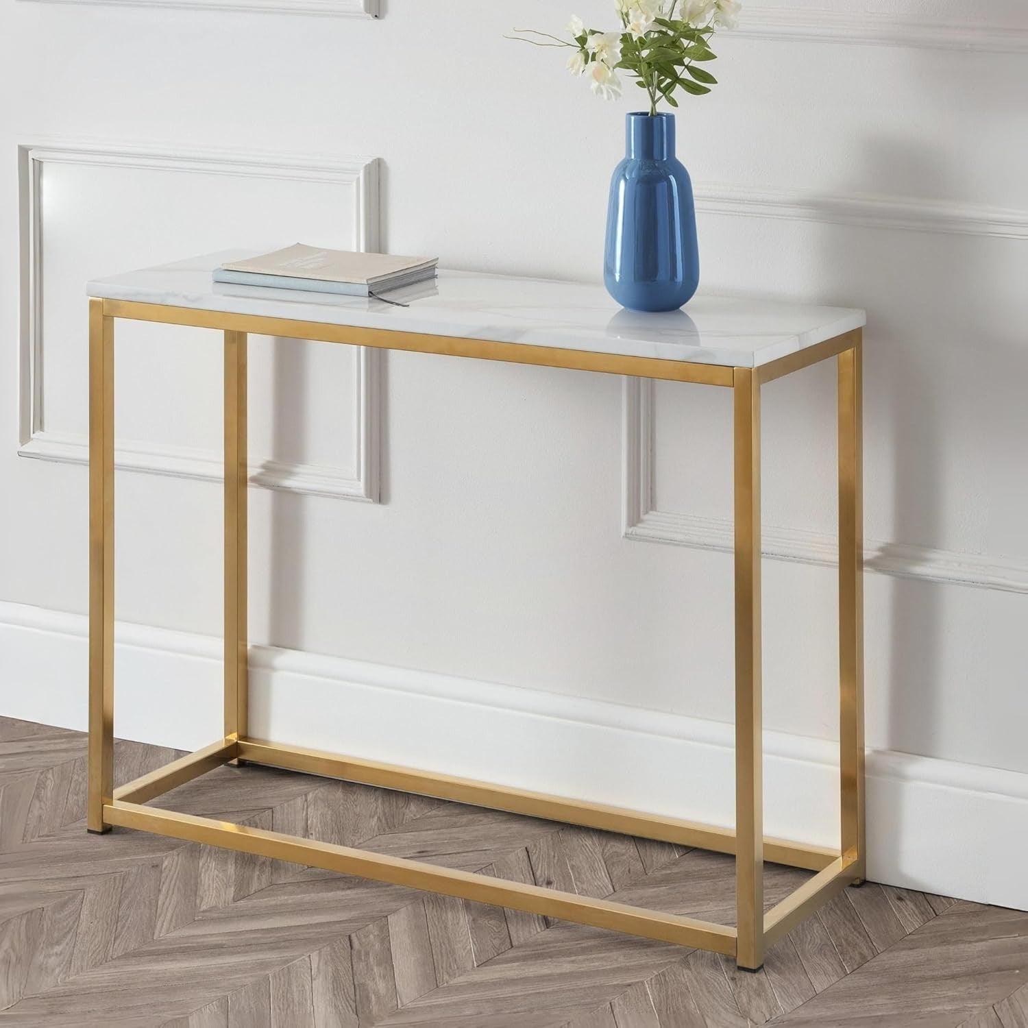 White Marble Console Table with Gold Legs – Stylish Entryway Storage