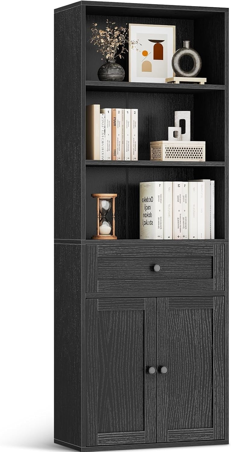 5 Tier Bookcase with Doors Drawers Display Storage Shelf Tall Cabinet Black
