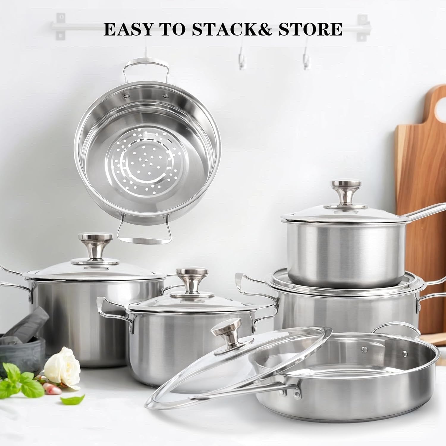 11pcs 3-ply Stainless Steel Cookware Set Induction Safe Pots & Pans with Lids
