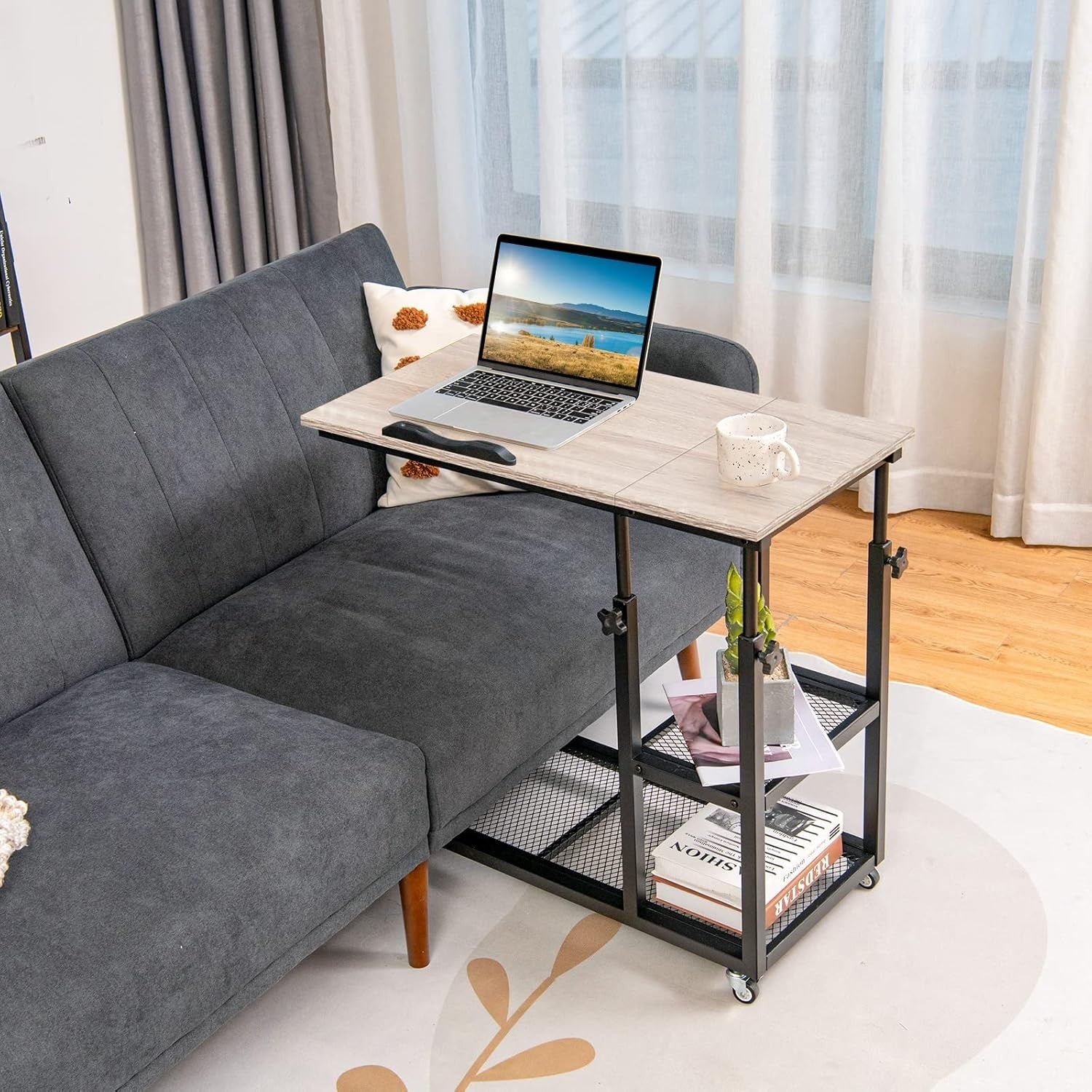 Natural Wood Overbed Table with Wheels Adjustable Sofa Side Laptop Desk
