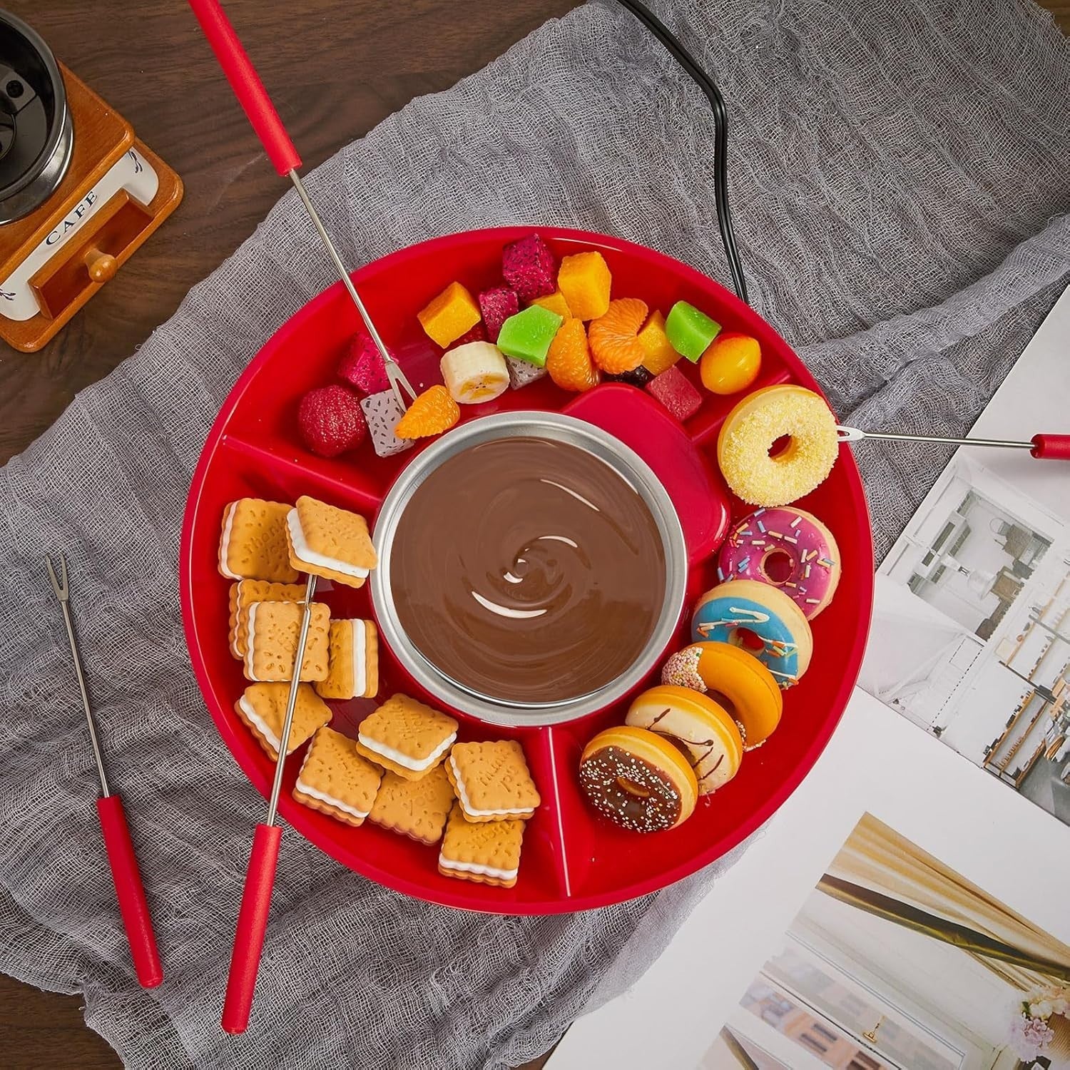 Electric Fondue Pot Set Chocolate Melting Kit Forks Tray Red