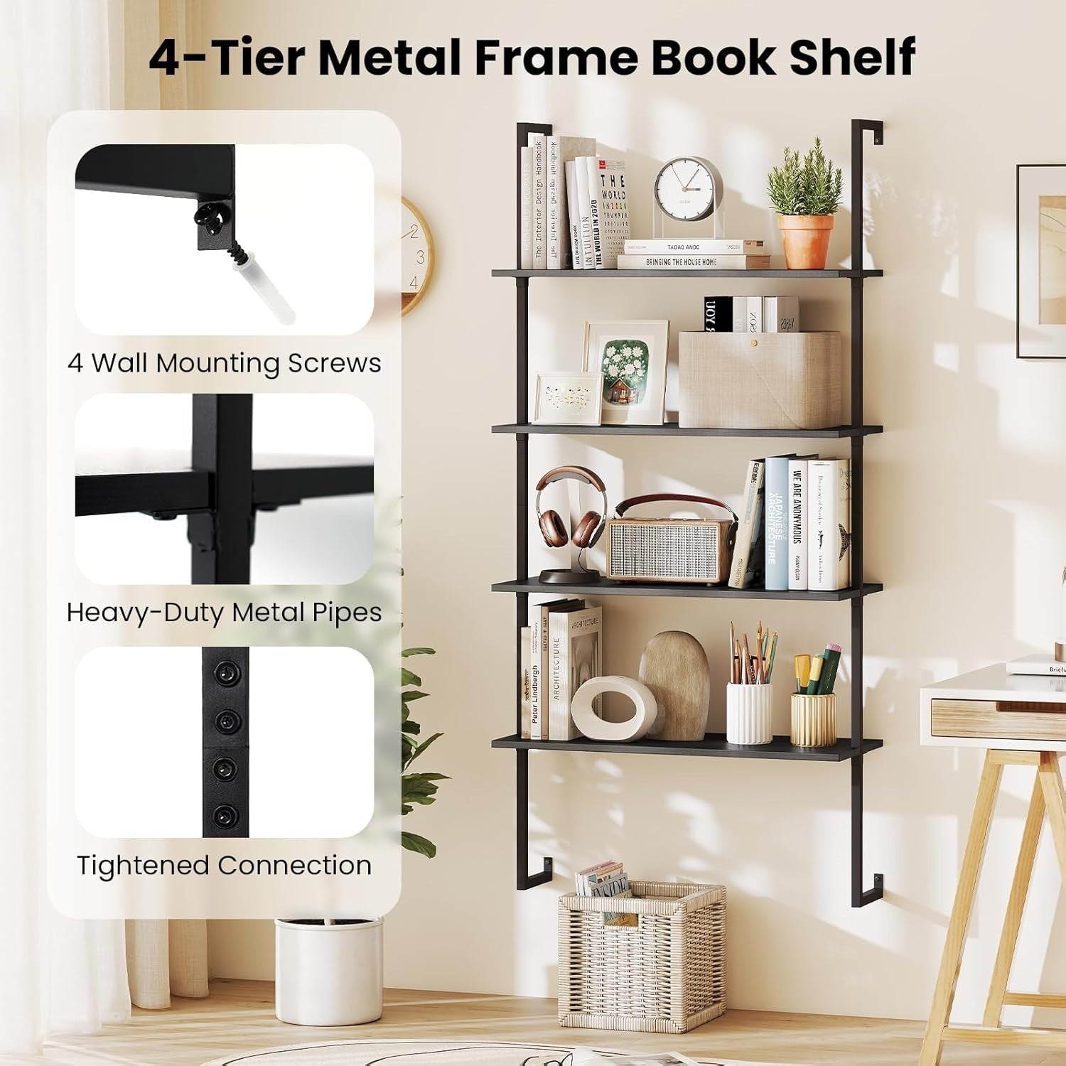 4 Tier Ladder Shelf Wall Mounted Bookcase Metal Frame Storage Rack