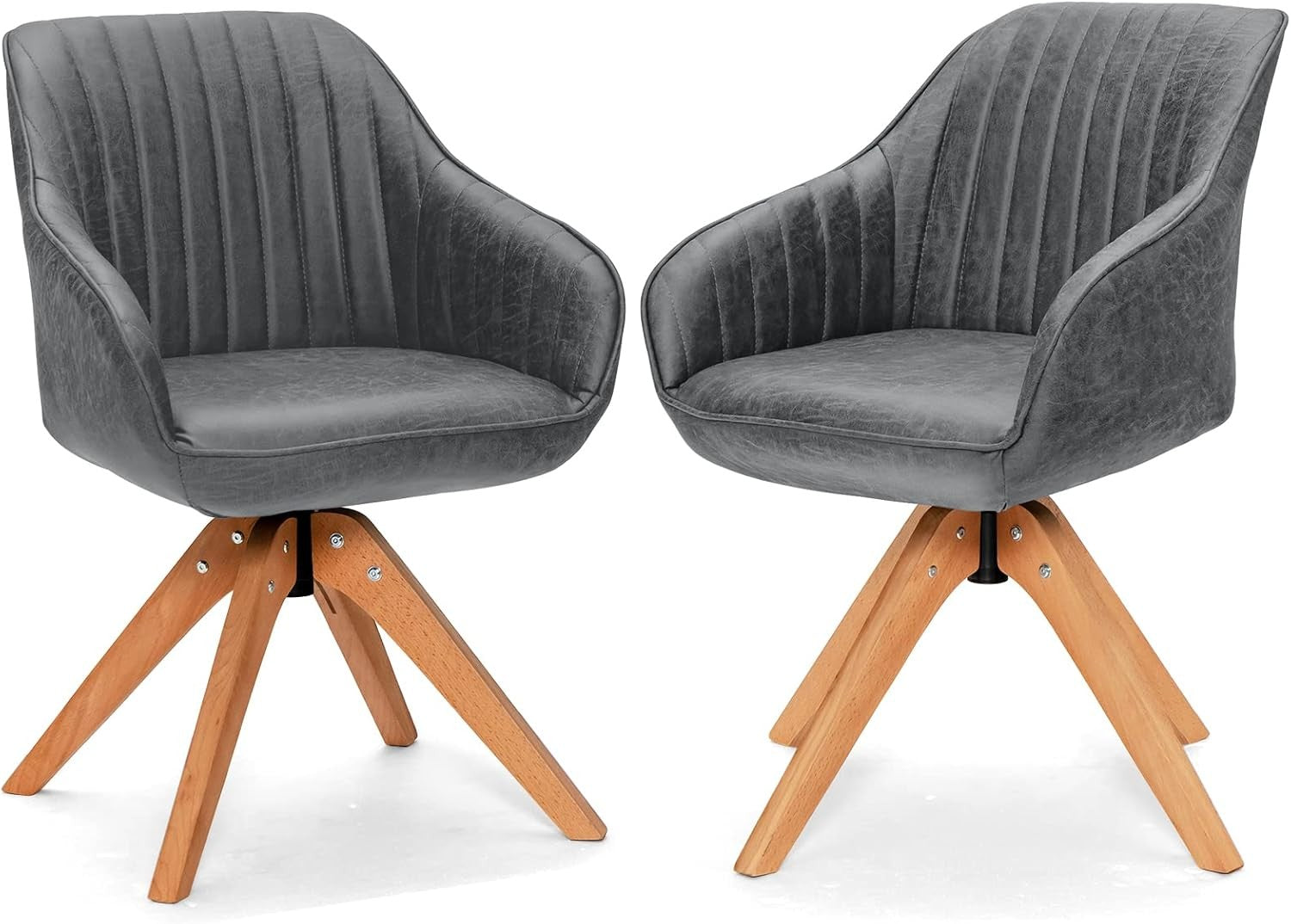 Set of 2 Grey Swivel Desk Chairs Tub Armchairs Wooden Legs