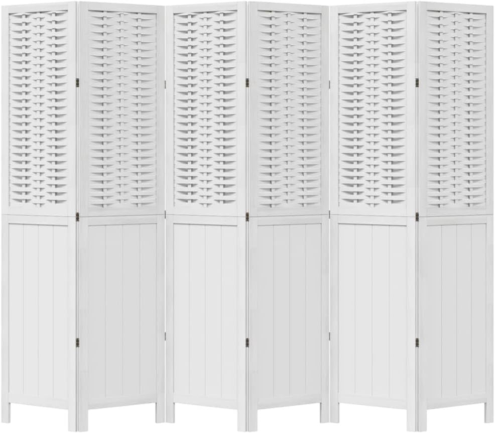 White 6 Panel Folding Room Divider Screen – Solid Wood & Bamboo Privacy Partitio