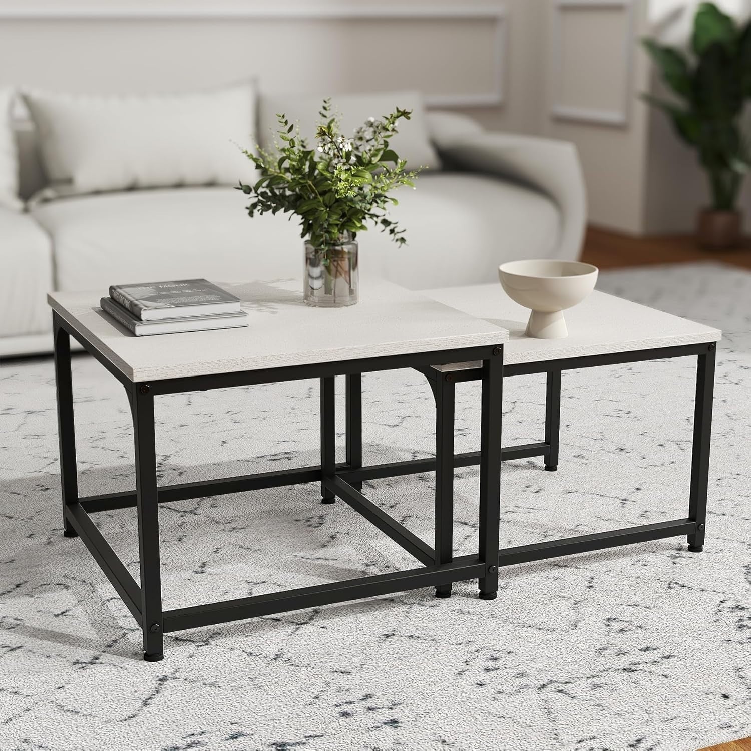 Square Nesting Coffee Table Set of 2, White Side Tables, Storage Shelf