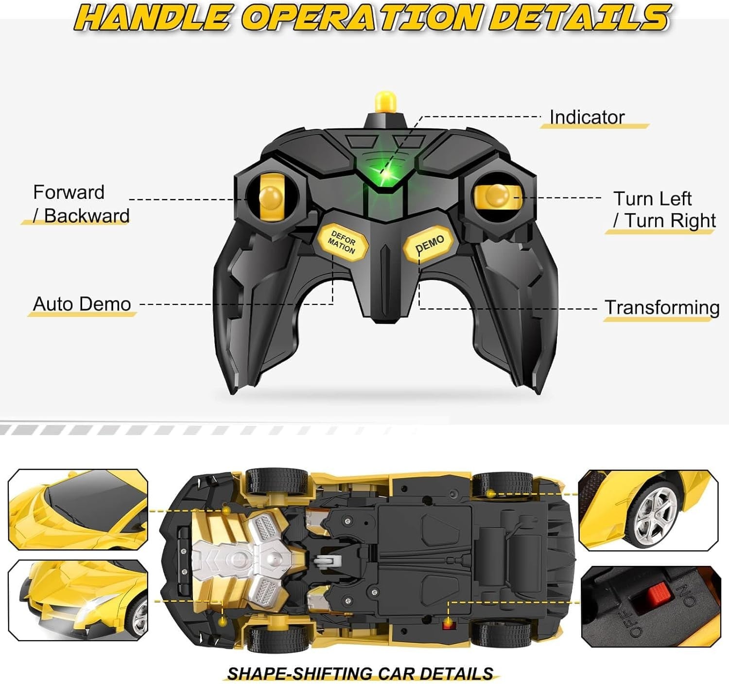 2-in-1 Yellow RC Transforming Robot Car 360° Spin Remote Control Toy for Kids