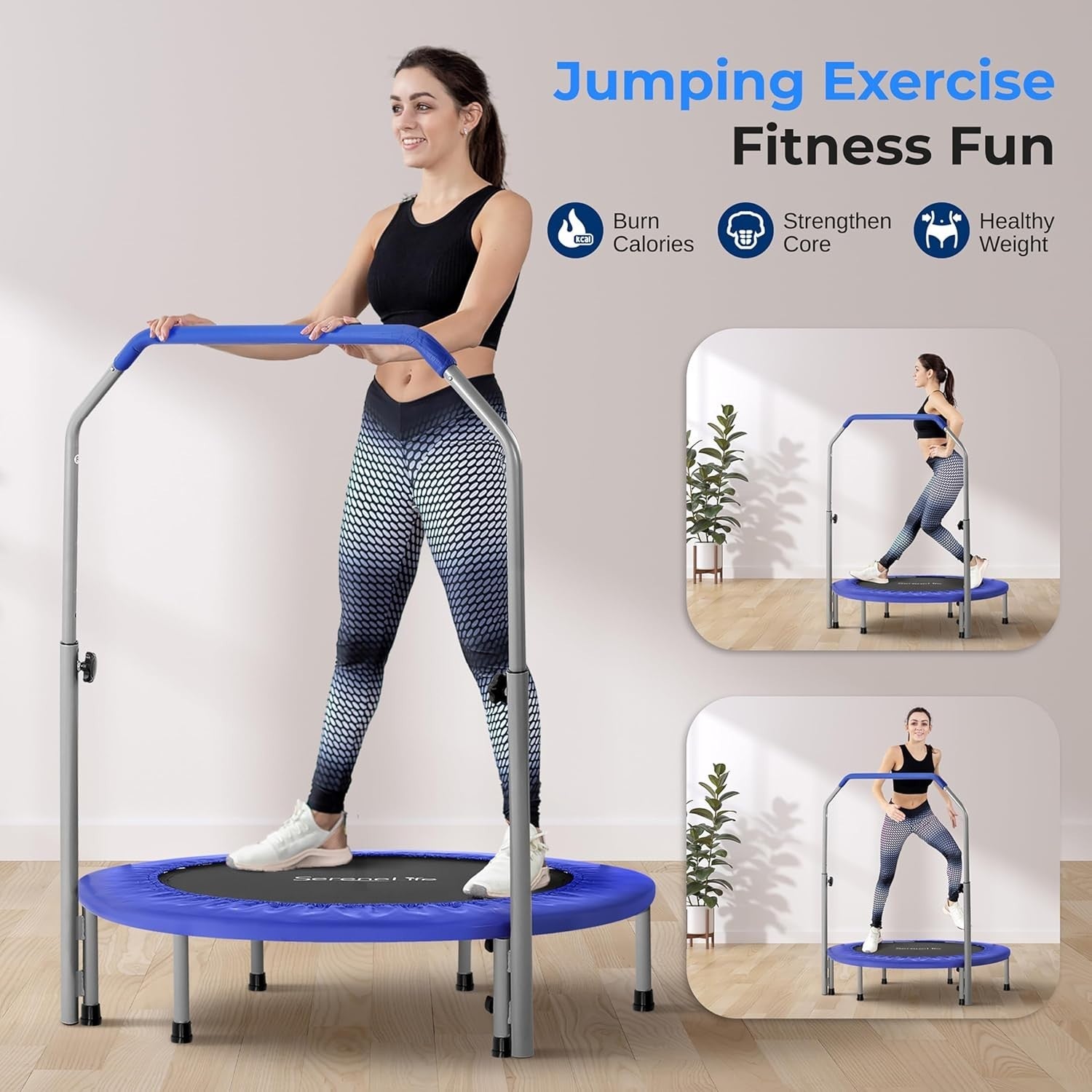40” Foldable Mini Trampoline Indoor Outdoor Rebounder Adjustable Handle
