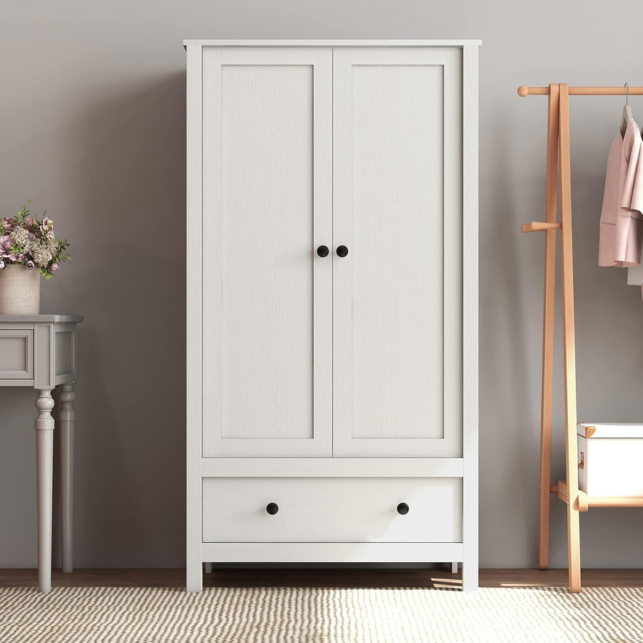 White 2 Door Wardrobe with Drawer Hanging Rail Modern Bedroom Storage