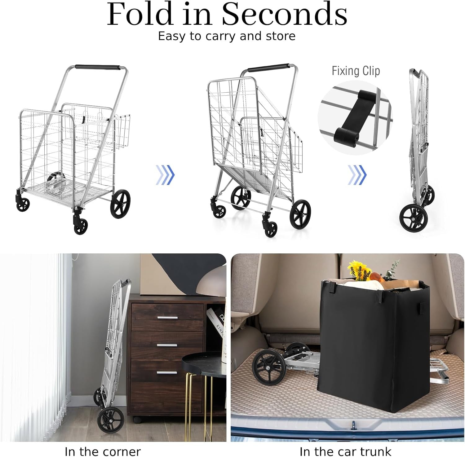 Heavy Duty Folding Shopping Trolley 4 Wheel Metal Grocery Cart Large Capacity