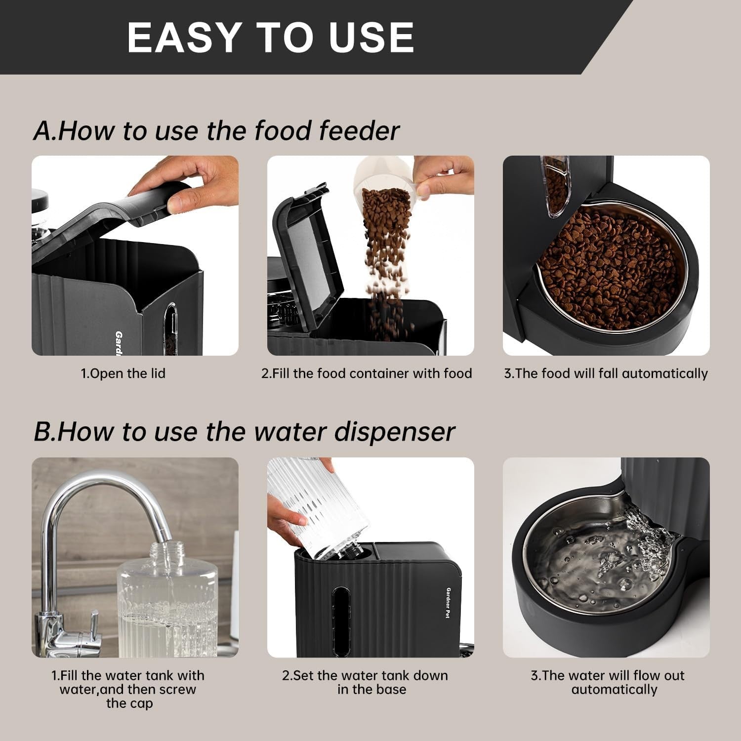 2 in 1 Gravity Pet Feeder Water Dispenser 3L Auto Food Station Black