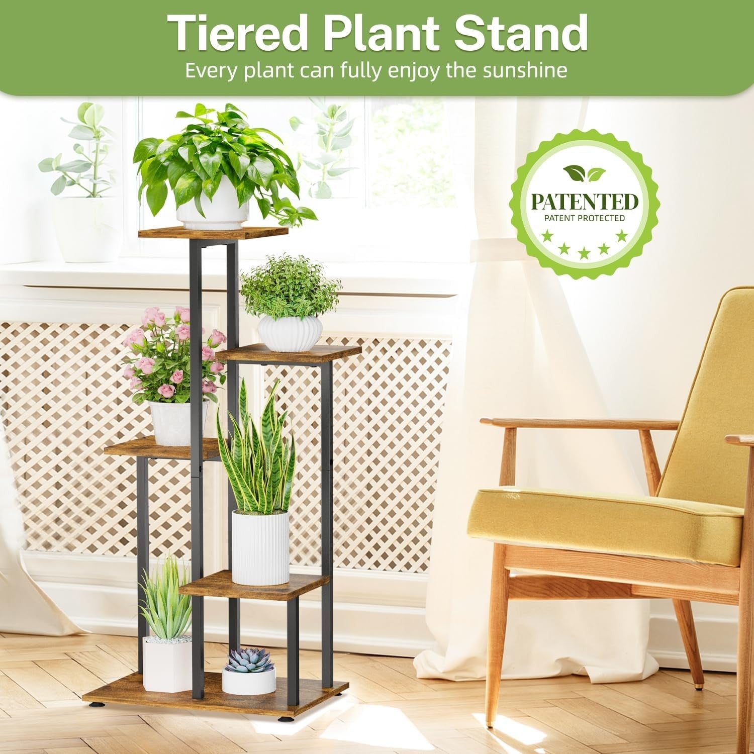 5-Tier Metal & Wood Plant Stand | Tall Corner Indoor Outdoor Shelf Display