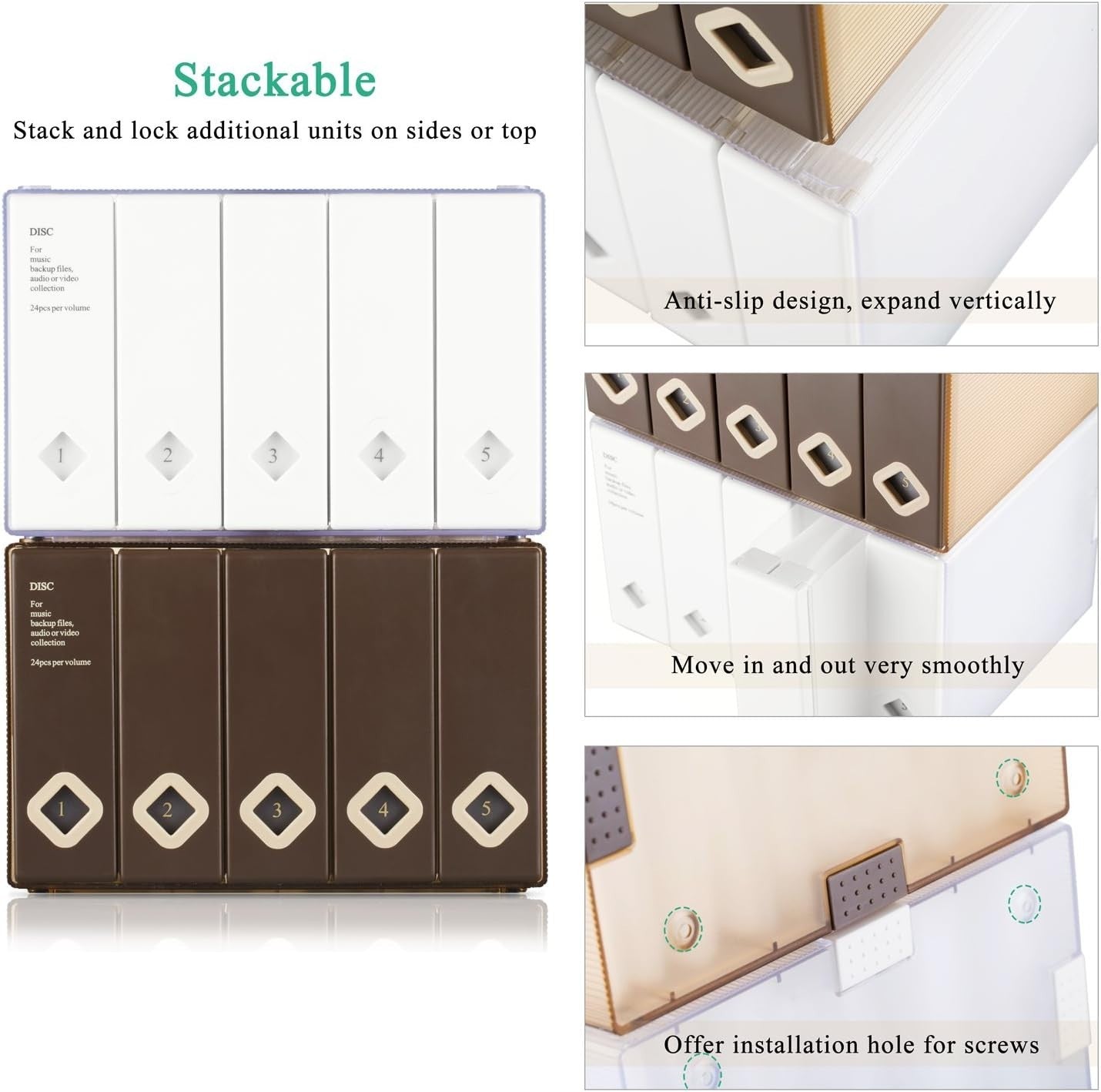 CD DVD Storage Box Holds 120 Discs Media Organizer Stackable Brown