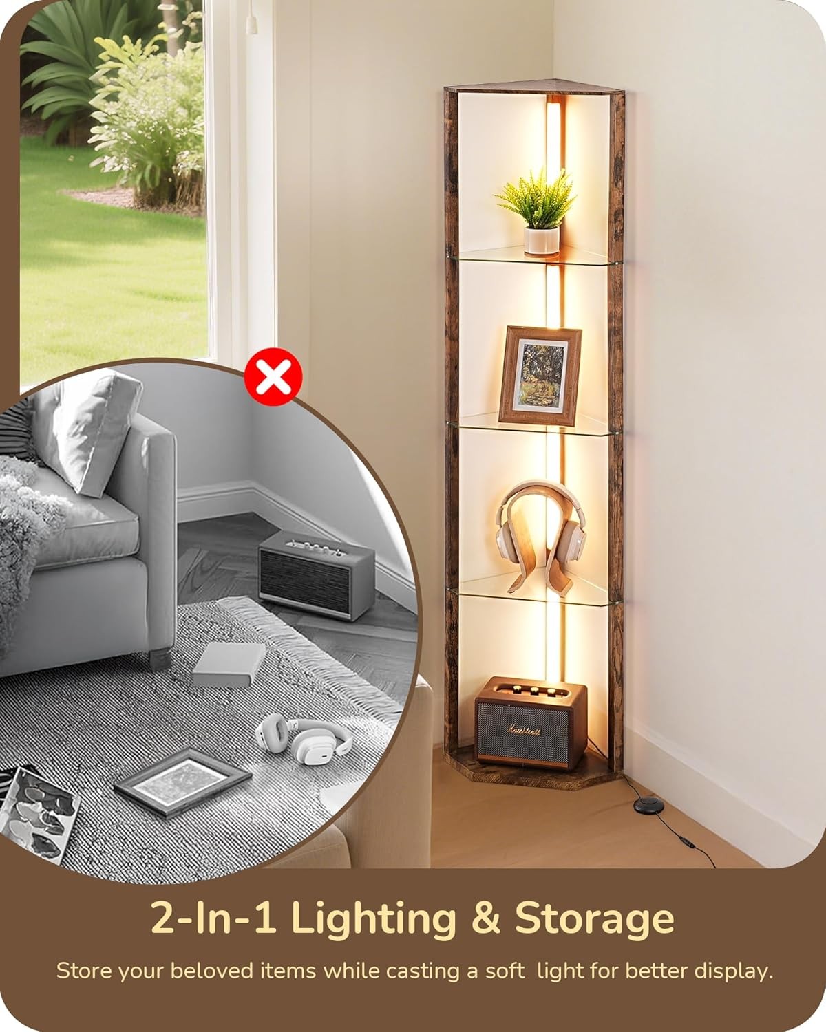 LED Floor Lamp with Glass Shelves Dimmable Corner Standing Display Light