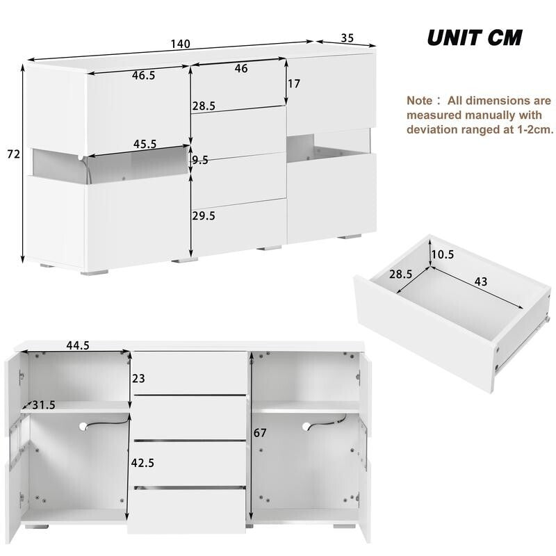 Modern White LED Sideboard Cabinet with Drawers Gloss Finish Storage