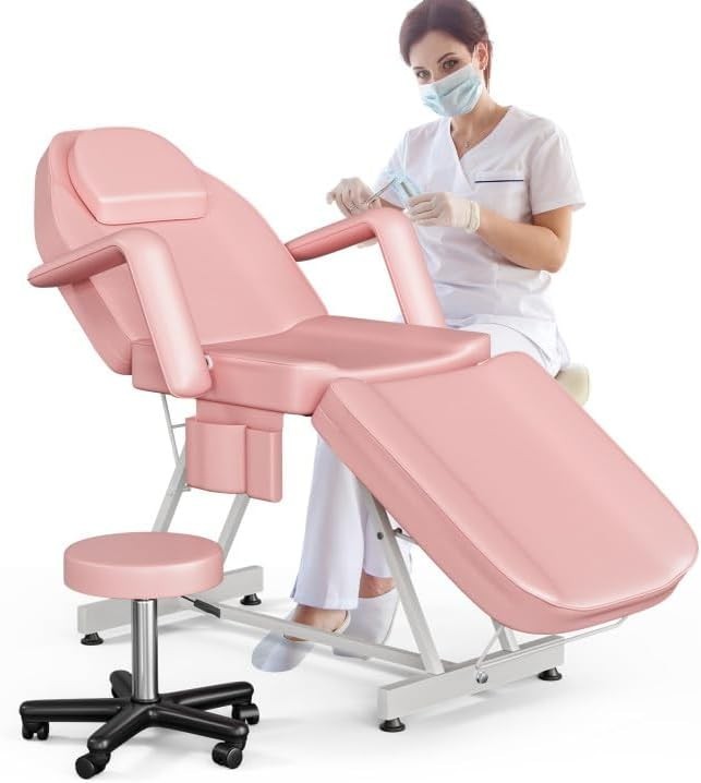 Adjustable 3-Section Beauty Massage Bed w/ Hydraulic Stool & Headrest Pink