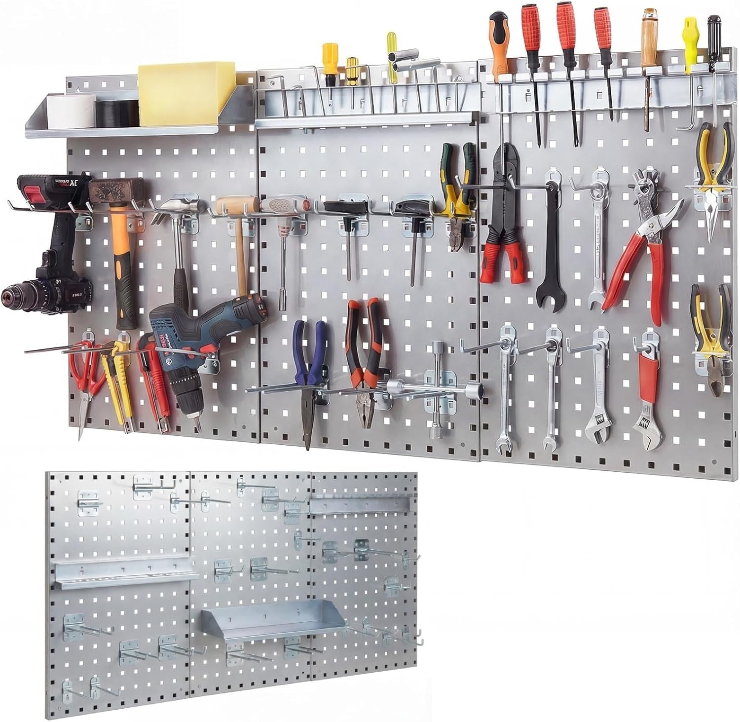 Wall-Mounted Pegboard Tool Organizer Kit 3 Boards 28 Accessories Silver