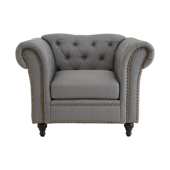 Grey Chesterfield Armchair – Button Tufted Fabric Chair, Classic Accent