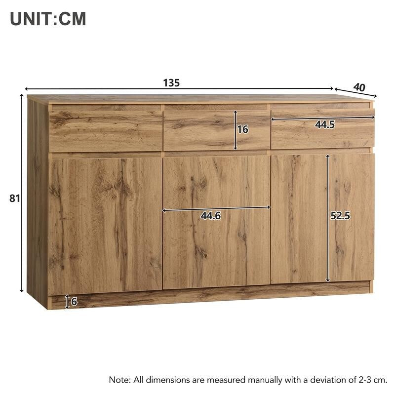 Oak Sideboard Buffet Cabinet with 3 Drawers 3 Doors Storage Unit 135cm