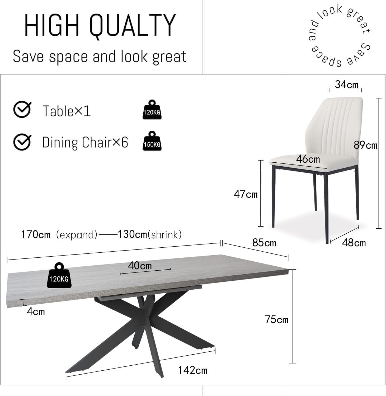 Extendable Dining Table Set 6 White Chairs MDF Kitchen Living Room Furniture