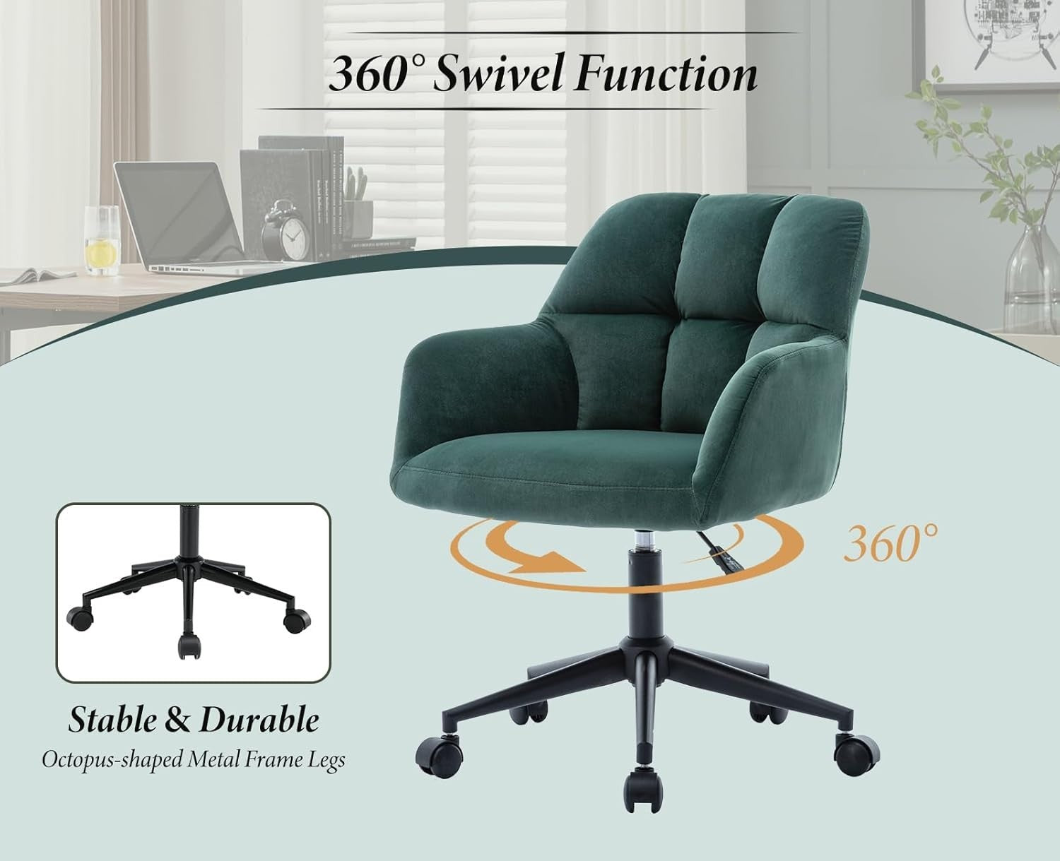 Green Velvet Office Chair Swivel Desk Chair Padded Seat Solid Back Home Study