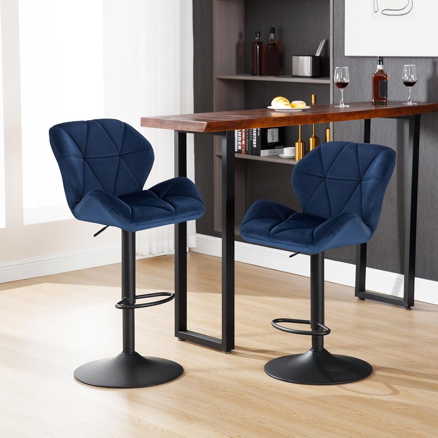 Blue Velvet Adjustable Swivel Bar Stool with Back Kitchen Island
