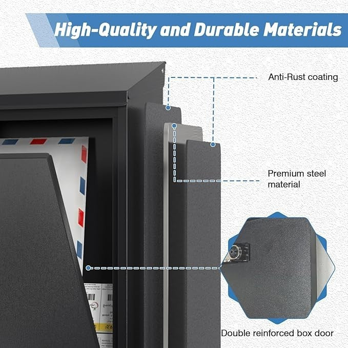 Wall Mounted Steel Post Box Waterproof Mailbox w/ Lock & Window 40x25x10cm