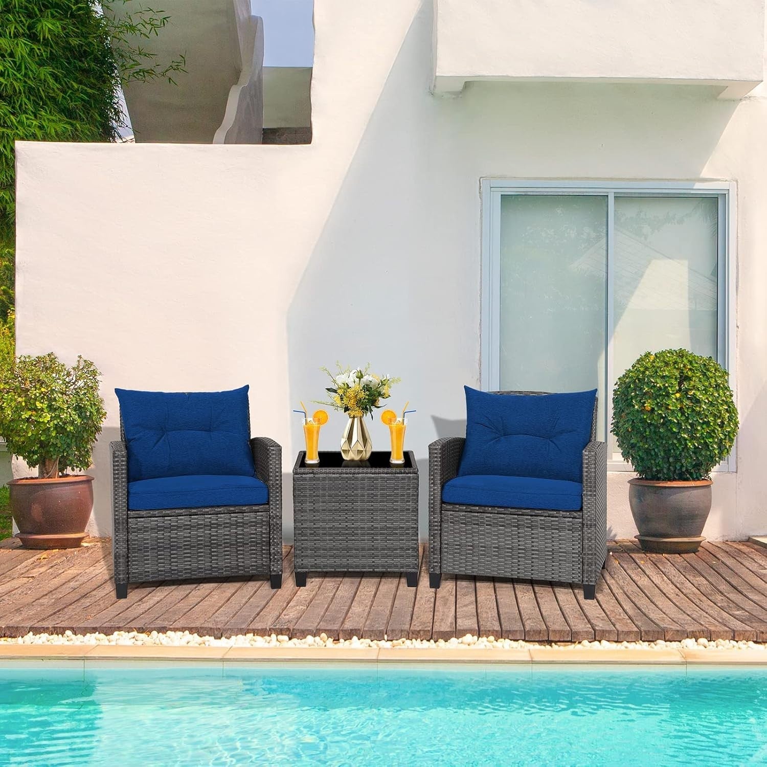 3PC Rattan Garden Bistro Set Chairs Table Cushions Patio Balcony Navy Set