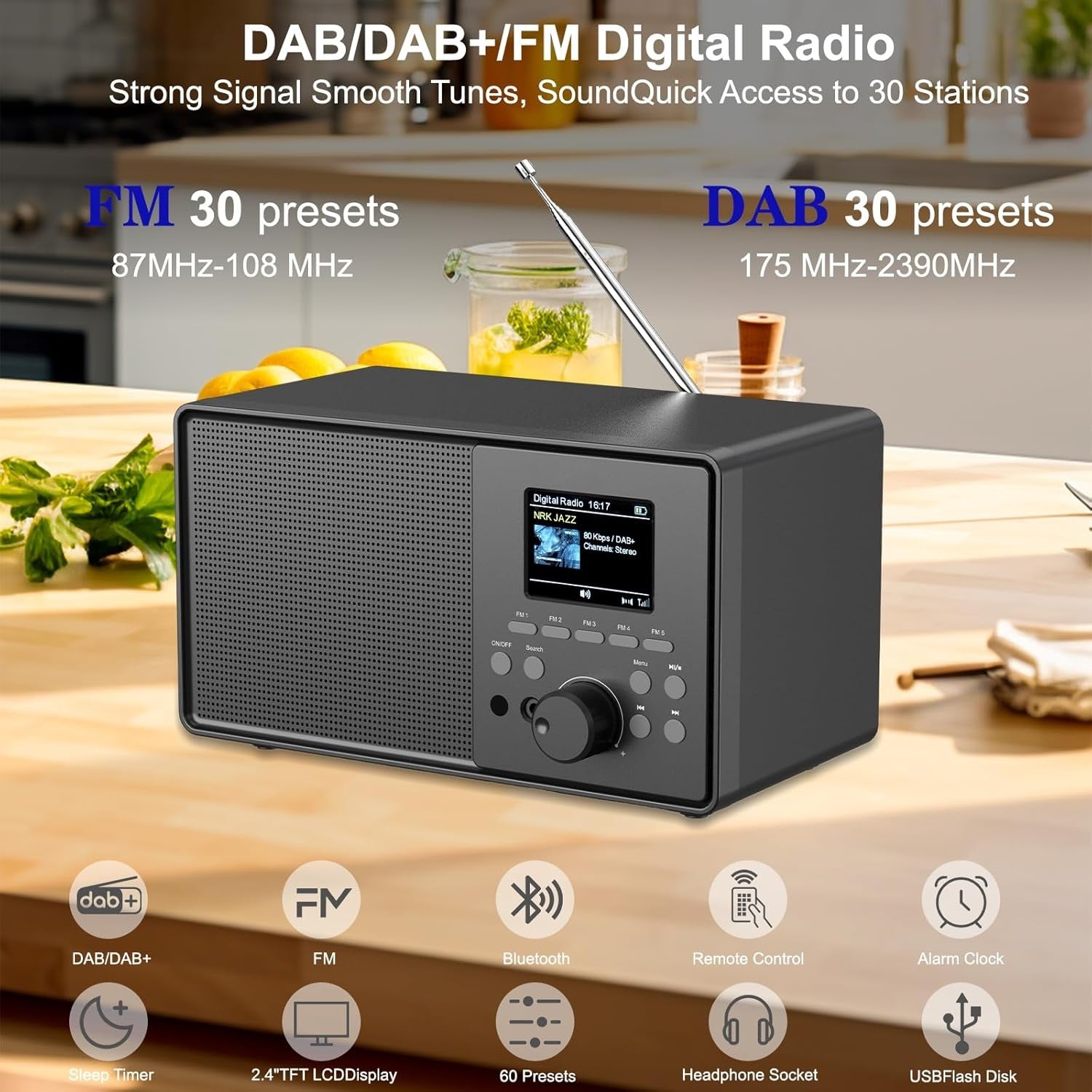 DAB DAB+ FM Digital Radio Bluetooth Alarm Remote 2.4” Color Display Black