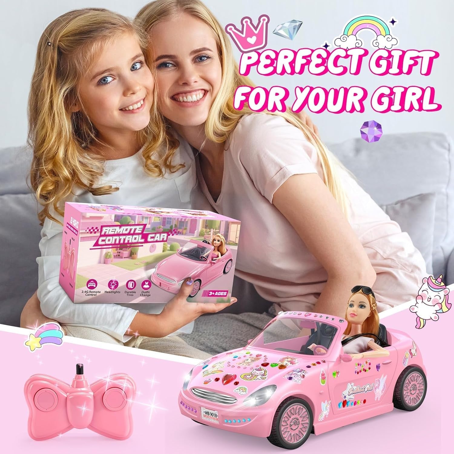 RC Car & Doll Toy Set for Girls – 10 Accessories, 3 Outfits & Stickers