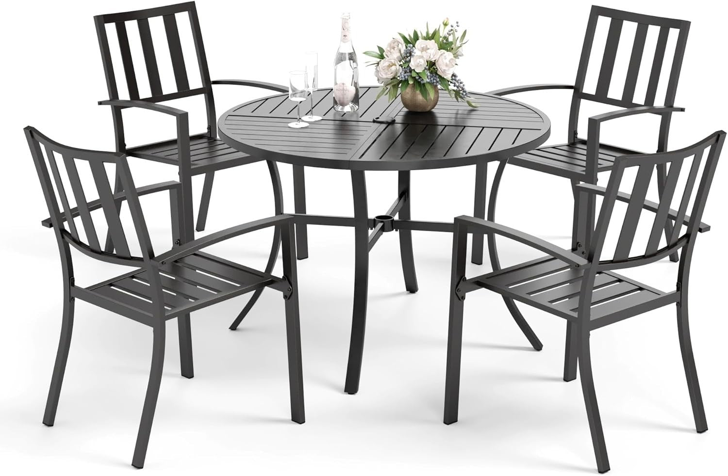 5 Piece Outdoor Patio Dining Set Metal Garden Table & Stackable Chairs