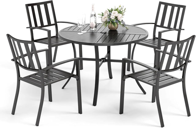 5 Piece Outdoor Patio Dining Set Metal Garden Table & Stackable Chairs